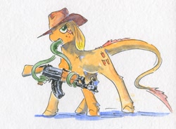 Size: 710x523 | Tagged: safe, artist:adeptus-monitus, imported from derpibooru, applejack, hybrid, monster pony, original species, tatzlpony, ak-74, assault rifle, cowboy hat, gun, hat, prehensile tongue, rifle, simple background, solo, species swap, tatzljack, tentacle tongues, traditional art, weapon