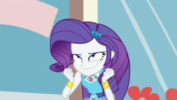 Size: 3410x1920 | Tagged: safe, imported from derpibooru, screencap, rarity, display of affection, equestria girls, equestria girls series, bracelet, clothes, cutie mark, cutie mark on clothes, female, geode of shielding, hairpin, jewelry, magical geodes, rarity peplum dress, smiling, solo