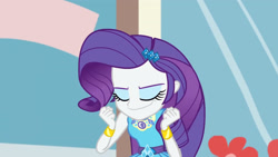 Size: 3410x1920 | Tagged: safe, imported from derpibooru, screencap, rarity, display of affection, equestria girls, equestria girls series, bracelet, clothes, cutie mark, cutie mark on clothes, eyes closed, female, geode of shielding, hairpin, jewelry, magical geodes, rarity peplum dress, smiling, solo