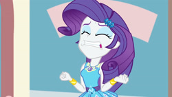 Size: 3410x1920 | Tagged: safe, imported from derpibooru, screencap, rarity, display of affection, equestria girls, equestria girls series, bracelet, clothes, cutie mark, cutie mark on clothes, eyes closed, female, geode of shielding, hairpin, jewelry, magical geodes, rarity peplum dress, solo