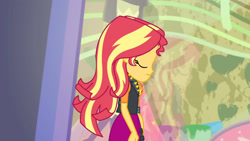 Size: 3410x1920 | Tagged: safe, imported from derpibooru, screencap, sunset shimmer, display of affection, equestria girls, equestria girls series, clothes, cutie mark, cutie mark on clothes, eyes closed, female, geode of empathy, jacket, jewelry, leather, leather jacket, magical geodes, necklace, solo