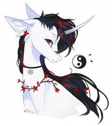 Size: 1816x2058 | Tagged: safe, artist:magicbalance, artist:vitanistarcat, imported from derpibooru, oc, oc only, pony, unicorn, curved horn, ear fluff, horn, simple background, solo, white background, yin-yang