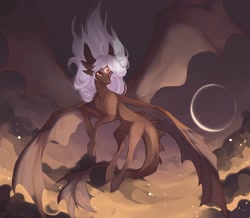 Size: 4096x3578 | Tagged: safe, artist:magicbalance, artist:vitanistarcat, imported from derpibooru, oc, oc only, dracony, dragon, hybrid, pony, cloud, moon, multiple wings, sky, solo, wings