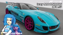 Size: 2048x1152 | Tagged: safe, artist:forzaveteranenigma, imported from derpibooru, izzy moonbow, fanfic:equestria motorsports, equestria girls, car, ferrari, ferrari 599 gto, forza motorsport 7, g5, laughing, livery, looking at you, motorsport, racing suit, read description, smiling, smiling at you, supercar, watermark