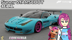 Size: 3840x2160 | Tagged: safe, artist:forzaveteranenigma, imported from derpibooru, sunny starscout, fanfic:equestria motorsports, equestria girls, car, ferrari, ferrari 458 gte, ferrari 458 italia, forza motorsport 7, g5, high res, livery, looking at you, motorsport, racecar, racing suit, read description, smiling, smiling at you, watermark