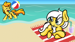 Size: 1920x1080 | Tagged: safe, artist:dinkyuniverse, imported from derpibooru, peachy pie, sunny daze, pony, atg 2021, beach, beach ball, newbie artist training grounds