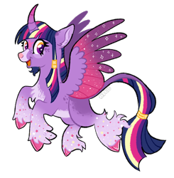 Size: 1638x1671 | Tagged: safe, artist:oriando, derpibooru exclusive, imported from derpibooru, twilight sparkle, alicorn, classical unicorn, pony, unicorn, cloven hooves, curved horn, facial markings, female, flying, freckles, hair accessory, horn, leonine tail, markings, smiling, solo, sparkles, twilight sparkle (alicorn), unshorn fetlocks