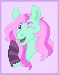 Size: 856x1080 | Tagged: safe, artist:skior, imported from derpibooru, minty, pony, bust, clothes, g3, one eye closed, portrait, socks, solo, striped socks