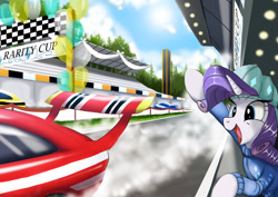 Size: 1024x724 | Tagged: safe, artist:neoshrek, imported from derpibooru, rarity, pony, unicorn, car, circuit, hat, motorsport, open mouth, open smile, race track, racecar, racing, smiling, solo, waving