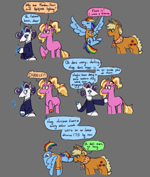 Size: 1197x1417 | Tagged: safe, artist:tezzart, artist:tezzbot, imported from derpibooru, applejack, luster dawn, rainbow dash, rarity, earth pony, pegasus, unicorn, the last problem, applejack's hat, comic, cowboy hat, dialogue, female, g4, hat, mare, older, older applejack, older rainbow dash, older rarity