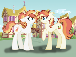 Size: 2000x1500 | Tagged: safe, artist:gallantserver, imported from derpibooru, oc, oc only, oc:shine brine, oc:sugarcube, earth pony, pony, unicorn, female, mare, offspring, parent:fire streak, parent:sunset shimmer, parents:sunsetstreak