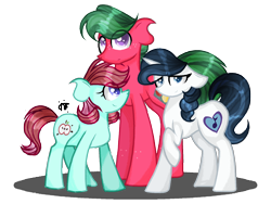 Size: 2000x1500 | Tagged: safe, artist:gallantserver, imported from derpibooru, oc, oc only, oc:anabelle apple, oc:swan song, oc:watermelon tourmaline, earth pony, pony, unicorn, female, half-siblings, mare, offspring, parent:big macintosh, parent:fancypants, parent:rarity, parents:rarimac, parents:raripants, simple background, transparent background