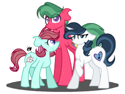 Size: 2000x1500 | Tagged: safe, alternate version, artist:gallantserver, imported from derpibooru, oc, oc only, oc:anabelle apple, oc:swan song, oc:watermelon tourmaline, earth pony, pony, unicorn, female, half-siblings, mare, offspring, parent:big macintosh, parent:fancypants, parent:rarity, parents:rarimac, parents:raripants, simple background, transparent background