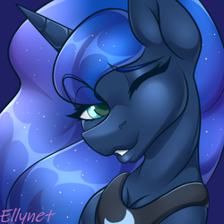 Size: 2000x2000 | Tagged: source needed, safe, alternate version, artist:ellynet, imported from derpibooru, princess luna, alicorn, pony, alternate character, bust, female, high res, mare, one eye closed, portrait, smiling, solo, wink