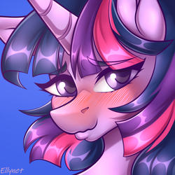 Size: 2000x2000 | Tagged: safe, alternate version, artist:ellynet, imported from derpibooru, twilight sparkle, alicorn, pony, alternate character, blushing, bust, high res, portrait, solo, twilight sparkle (alicorn)