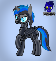 Size: 3840x4154 | Tagged: safe, artist:damlanil, imported from derpibooru, oc, oc only, oc:candor champion, alicorn, bat pony, bat pony alicorn, pony, bat wings, bondage, bondage mask, bound wings, catsuit, clothes, collar, commission, corset, gag, gimp suit, hood, horn, latex, latex suit, male, muzzle gag, raised hoof, rubber, shiny, show accurate, solo, stallion, vector, wings