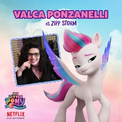 Size: 1080x1080 | Tagged: safe, imported from derpibooru, zipp storm, human, pegasus, pony, cloud, female, g5, irl, irl human, latin american, logo, mare, my little pony: a new generation, my little pony: a new generation logo, netflix, netflix logo, official, photo, spanish, text, valca ponzanelli, voice actor