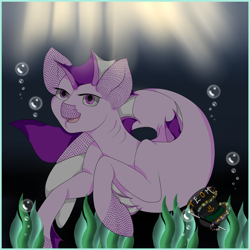 Size: 2449x2449 | Tagged: safe, artist:theelementofmagic, imported from derpibooru, oc, oc only, merpony, seapony (g4), bubble, collaboration, crepuscular rays, deviantart watermark, dorsal fin, fins, fish tail, flowing tail, high res, obtrusive watermark, ocean, open mouth, purple eyes, seaweed, signature, smiling, solo, sunlight, swimming, tail, underwater, water, watermark