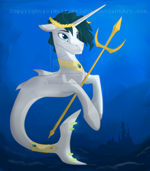 Size: 2296x2612 | Tagged: safe, artist:wolfsknight, edit, imported from derpibooru, oc, oc only, merpony, pony, seapony (g4), unicorn, blue eyes, crepuscular rays, dorsal fin, fish tail, flowing tail, high res, horn, jewelry, logo, logo edit, ocean, regalia, seaponified, solo, species swap, swimming, tail, underwater, water, watermark