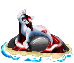 Size: 1400x1200 | Tagged: safe, artist:fusionflyer, imported from derpibooru, oc, oc only, hybrid, merpony, seapony (g4), eyelashes, female, fish tail, looking at you, lying down, red eyes, red mane, rock, signature, simple background, smiling, solo, tail, transparent background, water