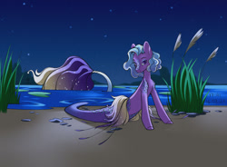 Size: 1280x942 | Tagged: safe, artist:lilitepsilon, imported from derpibooru, oc, oc only, merpony, seapony (g4), blue mane, female, fish tail, flowing tail, looking at you, lying down, mermaid tail, night, ocean, plant, purple eyes, sand, scales, seaweed, sky, smiling, solo, stars, tail, water