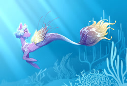 Size: 1280x876 | Tagged: safe, artist:lilitepsilon, imported from derpibooru, oc, oc only, merpony, seapony (g4), blue background, blue mane, bubble, commission, coral, crepuscular rays, digital art, female, fish tail, flowing tail, looking back, mermaid tail, ocean, purple eyes, scales, seaweed, simple background, smiling, solo, sunlight, swimming, tail, underwater, water, ych result