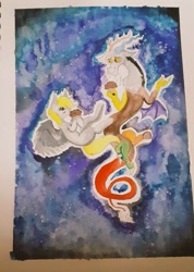 Size: 729x1024 | Tagged: safe, artist:flutterfrisk, imported from derpibooru, derpy hooves, discord, draconequus, pegasus, eating, food, galaxy, muffin, painting, space, traditional art, watercolor painting