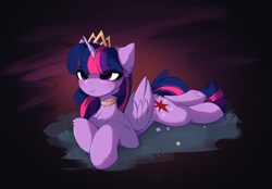 Size: 3206x2236 | Tagged: safe, artist:empress-twilight, imported from derpibooru, twilight sparkle, alicorn, pony, chest fluff, choker, crown, female, folded wings, frog (hoof), high res, i can't believe it's not magnaluna, jewelry, lying down, mare, prone, regalia, solo, twilight sparkle (alicorn), underhoof, wings