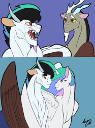 Size: 1024x1366 | Tagged: safe, artist:cardinalauro, imported from derpibooru, discord, princess celestia, oc, alicorn, draconequus, hybrid, pony, crying, dislestia, draconequus oc, father and child, father and son, female, hug, interspecies offspring, male, mother and child, mother and son, offspring, parent:discord, parent:princess celestia, parents:dislestia, sharp teeth, shipping, straight, teeth, winghug, wings