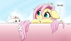 Size: 7000x4000 | Tagged: safe, artist:symbianl, imported from derpibooru, angel bunny, fluttershy, pegasus, pony, rabbit, absurd resolution, angel bunny is not amused, angel bunny is unamused, angelbetes, animal, bath, blushing, bust, cheek fluff, cross-popping veins, cute, duo, ear fluff, female, floppy ears, flower, flower in hair, fluffy, grin, hoof fluff, looking at each other, looking at someone, mare, sheepish grin, shyabetes, smiling, stray strand