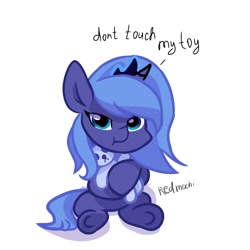 Size: 1280x1280 | Tagged: safe, artist:candy_5756, imported from derpibooru, princess luna, alicorn, pony, :t, cute, female, filly, looking at you, lunabetes, plushie, simple background, sitting, solo, teddy bear, white background, woona, younger