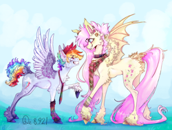 Size: 640x480 | Tagged: safe, artist:fatherdetrash, imported from derpibooru, fluttershy, rainbow dash, bat pony, pegasus, pony, bat ponified, clothes, female, flutterbat, flutterdash, grin, height difference, lesbian, looking at each other, necktie, race swap, scarf, shipping, smiling