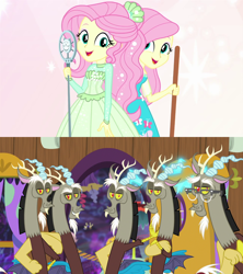 Size: 1280x1440 | Tagged: safe, edit, edited screencap, imported from derpibooru, screencap, discord, fluttershy, parcel post, post haste, draconequus, discordant harmony, equestria girls, equestria girls series, so much more to me, broom, clone, discord crew, discord's house, discoshy, doorway, female, flying napkin, glasses, happy, male, microphone, multeity, shipping, shipping domino, singing, smiling, straight, the discord zone