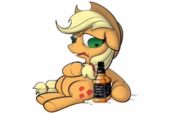 Size: 3000x2000 | Tagged: safe, artist:swagstapiece, imported from derpibooru, applejack, earth pony, pony, alcohol, applejack daniel's, bottle, derp, drunk, drunk aj, floppy ears, high res, jack daniels, simple background, sitting, solo, white background