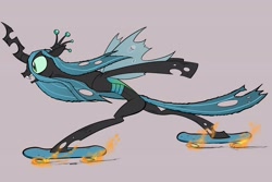 Size: 3000x2000 | Tagged: safe, artist:swagstapiece, imported from derpibooru, queen chrysalis, changeling, changeling queen, bipedal, female, fire, high res, simple background, skateboard, solo