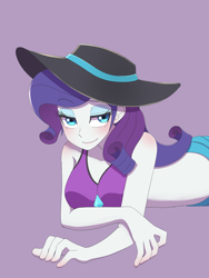 Size: 1620x2160 | Tagged: safe, artist:haibaratomoe, imported from derpibooru, rarity, equestria girls, equestria girls series, forgotten friendship, blushing, breasts, busty rarity, clothes, eye clipping through hair, eyebrows, eyebrows visible through hair, female, hat, looking at you, purple background, rarity's blue sarong, rarity's purple bikini, sarong, simple background, smiling, smiling at you, solo, sun hat, swimsuit