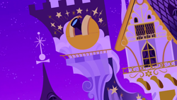 Size: 1280x720 | Tagged: safe, imported from derpibooru, screencap, season 1, the best night ever, background, canterlot, canterlot castle, night, no pony, scenic ponyville, telescope, window