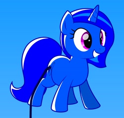 Size: 4096x3894 | Tagged: safe, artist:blue-vector, imported from derpibooru, oc, oc only, oc:blue vector, balloon pony, inflatable pony, pony, unicorn, gradient background, grin, high res, hose, inflatable, simple background, smiling, solo