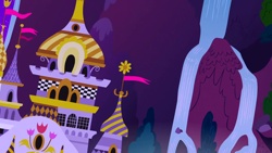 Size: 1280x720 | Tagged: safe, imported from derpibooru, screencap, season 1, the best night ever, architecture, background, canterlot, canterlot castle, flag, night, no pony, scenic ponyville, tree, waterfall