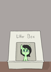 Size: 1000x1414 | Tagged: safe, artist:happy harvey, imported from derpibooru, oc, oc:filly anon, earth pony, behaving like a cat, colored, colored pupils, cute, drawn on phone, female, filly, implied disposal, litterbox, looking up, phone drawing, smol