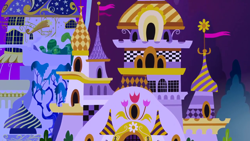 Size: 1280x720 | Tagged: safe, imported from derpibooru, screencap, the best night ever, background, canterlot, canterlot castle, flag, night, no pony, scenic ponyville, tree