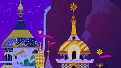 Size: 1280x720 | Tagged: safe, imported from derpibooru, screencap, the best night ever, background, canterlot, canterlot castle, flag, mountain, night, no pony, scenic ponyville, waterfall