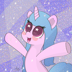 Size: 2160x2160 | Tagged: safe, artist:limitmj, imported from derpibooru, izzy moonbow, pony, unicorn, abstract background, cute, female, g5, glitter, high res, izzybetes, open mouth, solo, sparkles, starry eyes, wingding eyes