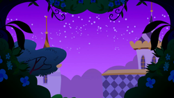 Size: 1280x720 | Tagged: safe, imported from derpibooru, screencap, the best night ever, background, bush, canterlot, canterlot castle, flower, mountain, night, scenic ponyville, stars