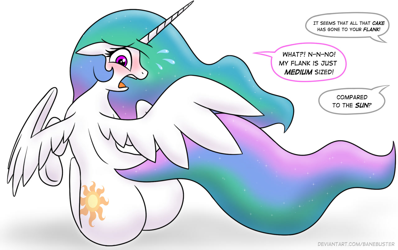 2678897 - safe, princess celestia, pony, simple background, alicorn,  blushing, cute, open mouth, white background, commission, plot, dialogue,  looking back, butt, floppy ears, offscreen character, sweat, speech bubble,  large butt, the ass