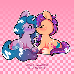 Size: 867x867 | Tagged: safe, artist:collie-calamari, imported from derpibooru, izzy moonbow, sunny starscout, earth pony, pony, unicorn, abstract background, blushing, boop, bracelet, braid, coat markings, duo, eyes closed, female, g5, holding hooves, izzyscout, jewelry, lesbian, mare, noseboop, shipping, sitting, socks (coat markings), unshorn fetlocks