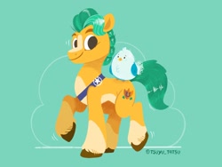 Size: 2048x1536 | Tagged: safe, artist:kiguren, artist:tsuyu_pony, imported from derpibooru, hitch trailblazer, bird, earth pony, pony, blaze (coat marking), coat markings, critter magnet, facial markings, g5, green background, male, pale belly, sash, simple background, smiling, socks (coat markings), stallion, unshorn fetlocks