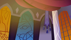 Size: 1280x720 | Tagged: safe, imported from derpibooru, screencap, season 1, the best night ever, background, banner, canterlot, canterlot castle interior, column, liminal space, no pony, scenic ponyville, stained glass, stained glass window, window