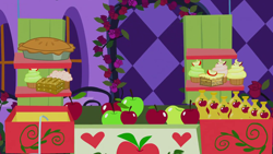 Size: 1280x720 | Tagged: safe, imported from derpibooru, screencap, the best night ever, apple, background, canterlot, cart, flower, food, muffin, night, no pony, pie, rose, scenic ponyville