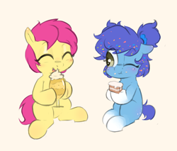 Size: 4000x3401 | Tagged: safe, artist:parfait, imported from derpibooru, oc, oc only, oc:banana split, oc:birthday cake, earth pony, pony, cake, duo, eating, female, filly, food, happy, milkshake, sitting